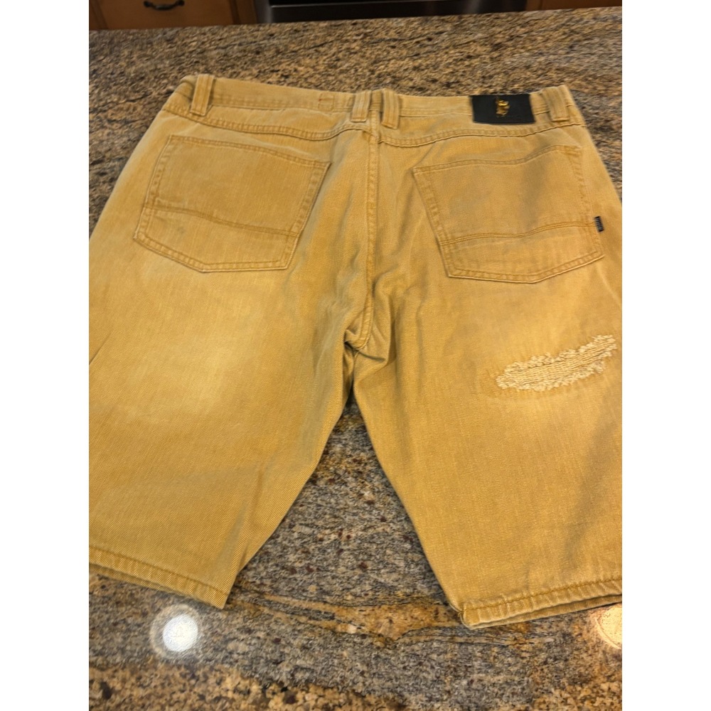 Makobi Mens 38 Distressed Biker Moto Denim Shorts Mustard Yellow Zippers - Picture 7 of 12